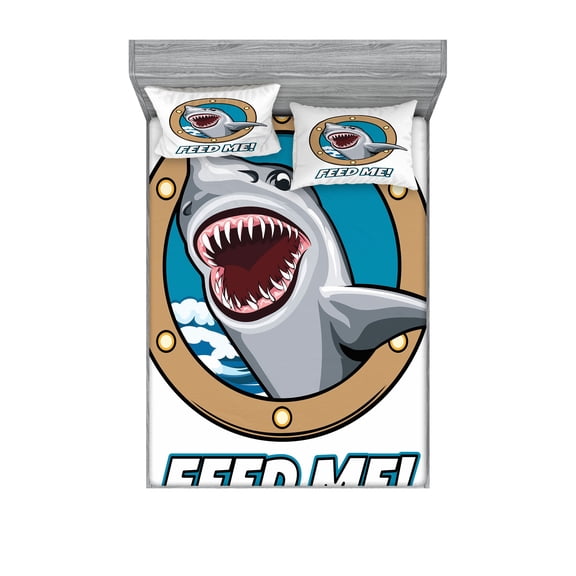 Ambesonne Cartoon Fitted Sheet & Pillow Sham Set, Feed Me Words Shark, Queen, Multicolor