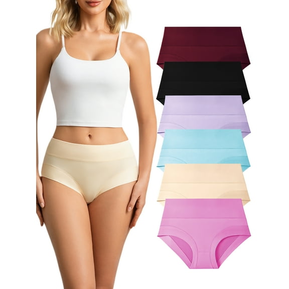 Buankoxy Women's High Waisted Seamless Underwear No Show Full Coverage Panties 6 Pack, Size 6