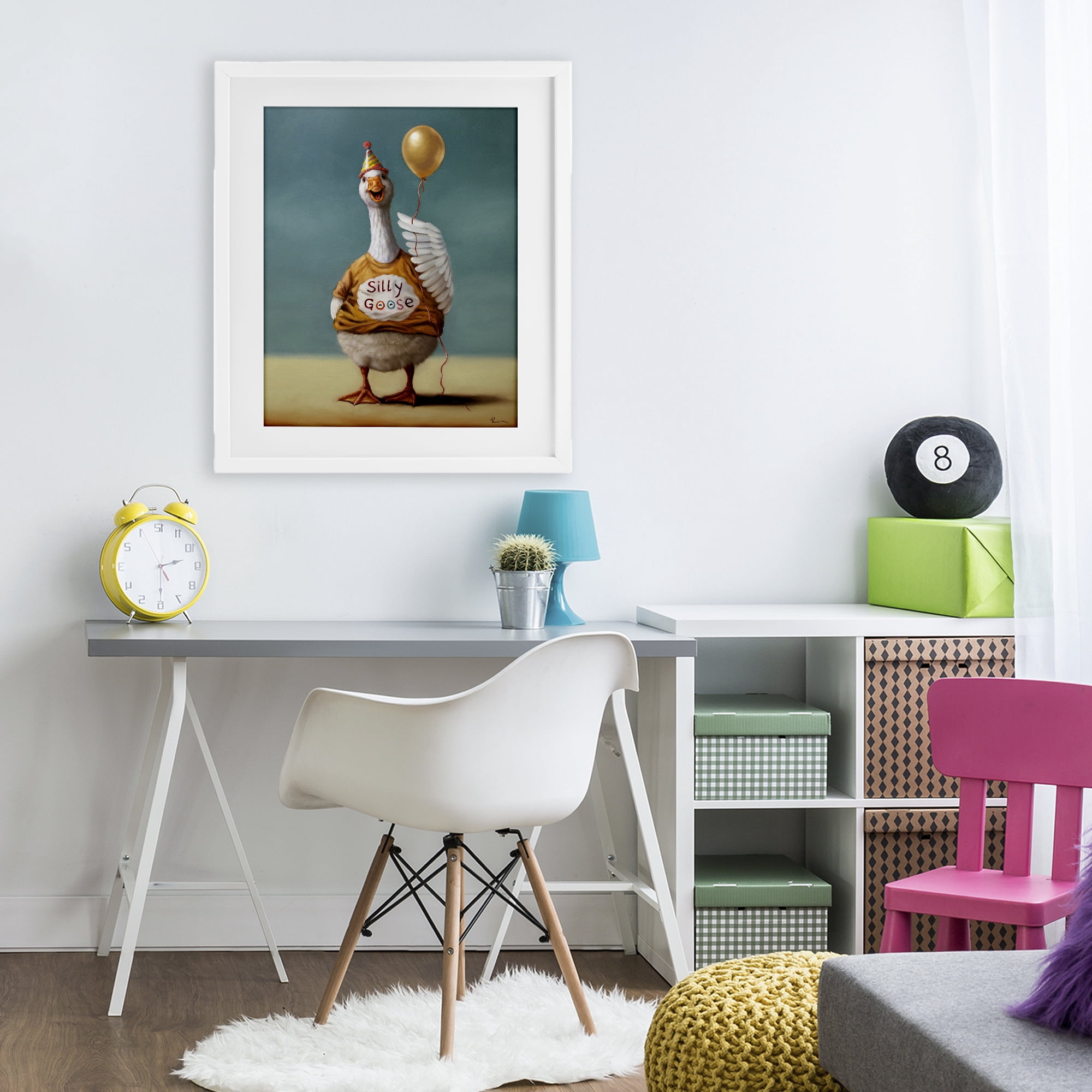 Stupell Industries Silly Goose with Balloon White Framed Print Under Glass, design by Lucia Heffernan