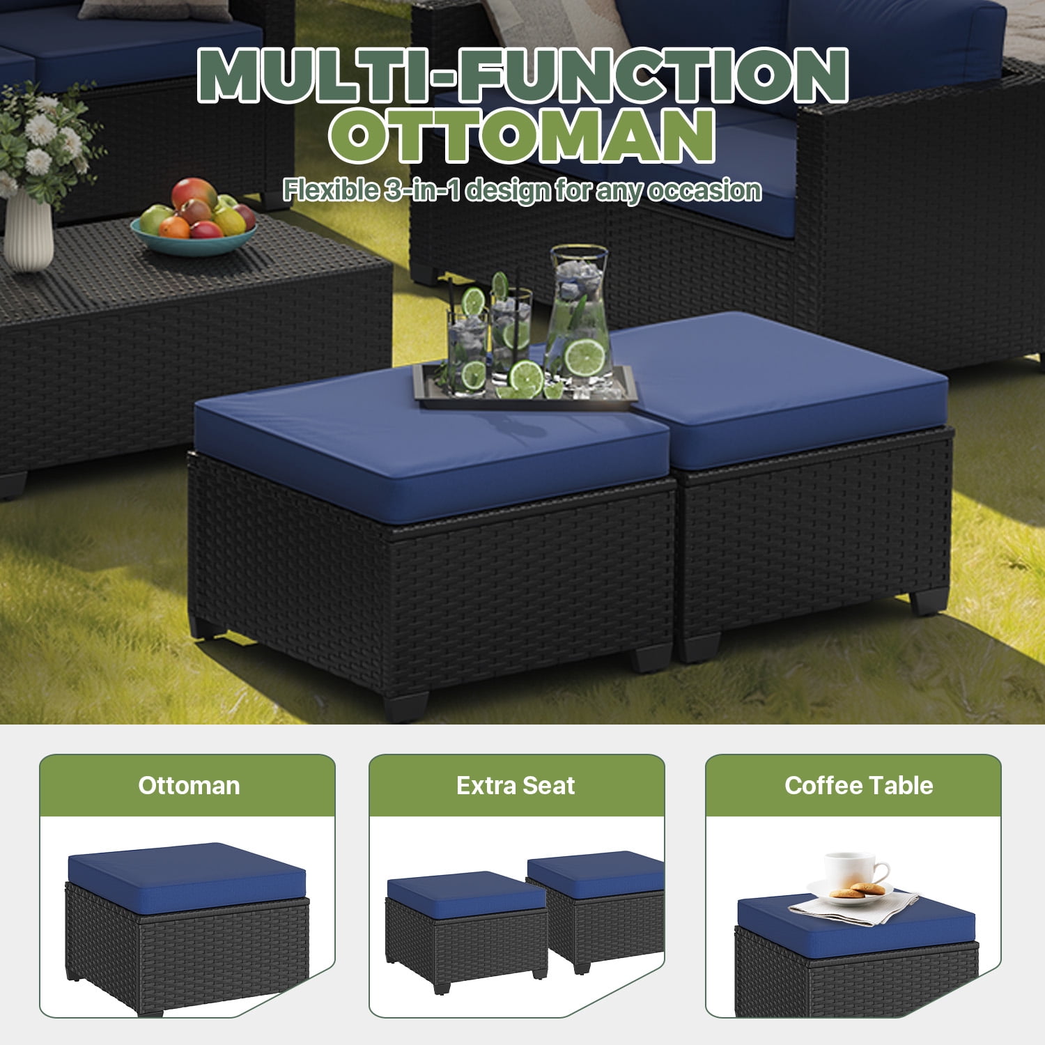 BaPiPro 7-Piece Blue PE Rattan Outdoor Sectional Sofa Set, Patio Furniture with Storage Table, Convertible Ottomans & Weather Resistant Cushions for Backyard & Poolside