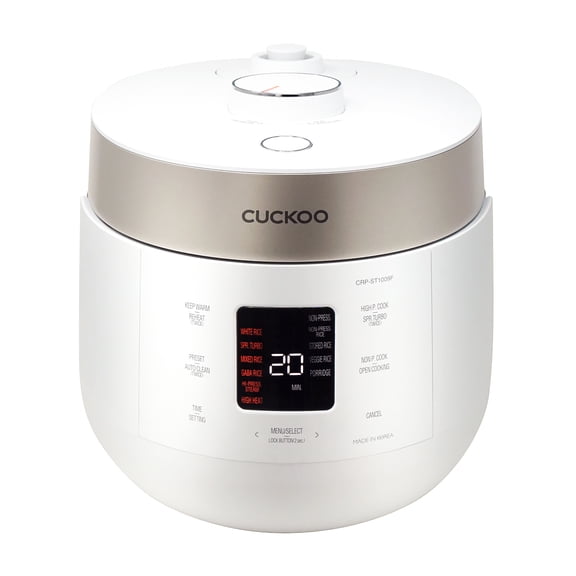 CUCKOO Twin Pressure Rice Cooker 10-Cup Uncooked / 20-Cup Cooked with Nonstick Inner Pot, Large Rice Maker & Warmer with 16 Menu Options, Open Cooking Mode, Voice Guide, White (CRP-ST1009FW)