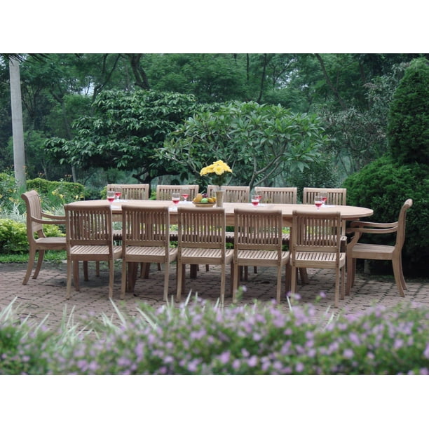 Teak Dining Set 12 Seater 13 Pc 117 Double Extension Oval Table 10 Armless And 2 Giva Arm Captain Chairs Outdoor Patio Grade A Teak Wood Wholesaleteak Wmdsgv12 Walmart Com