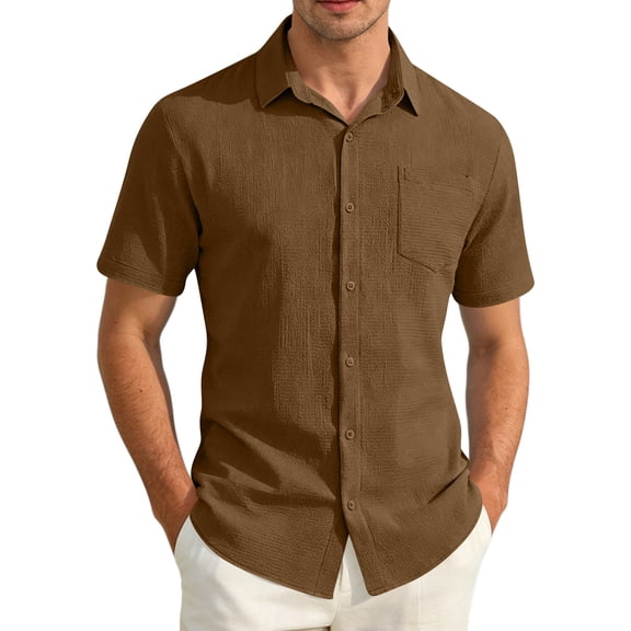GrmtClth Shirts for Men Comfy Collared Top Classic Short Sleeve Polo Shirts Trend Button Down Clothing with Pocket Brown L