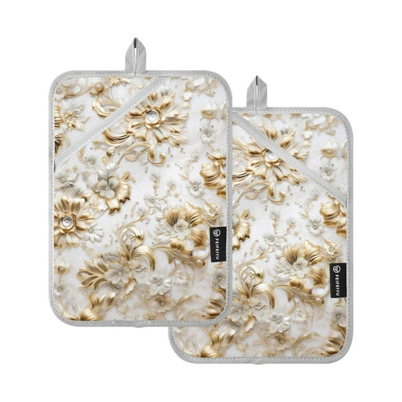 ALAZA Golden Flowers Pot Holders Set of 2 Heat Resistant Kitchen Oven Mitts