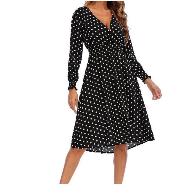 Pompotops Robe à Manches Longues pour Femmes en Mousseline, Mode, Imprimée, Col en V, Taille Élastique avec Bande