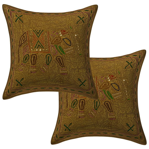 Stylo Culture Ethnic Sofa Throw Pillow Covers 16x16 Elephant Gold Thread Embroidered Brown Indian 40cm x 40cm Home Decor Cotton Square Cushion Covers | Set Of 2