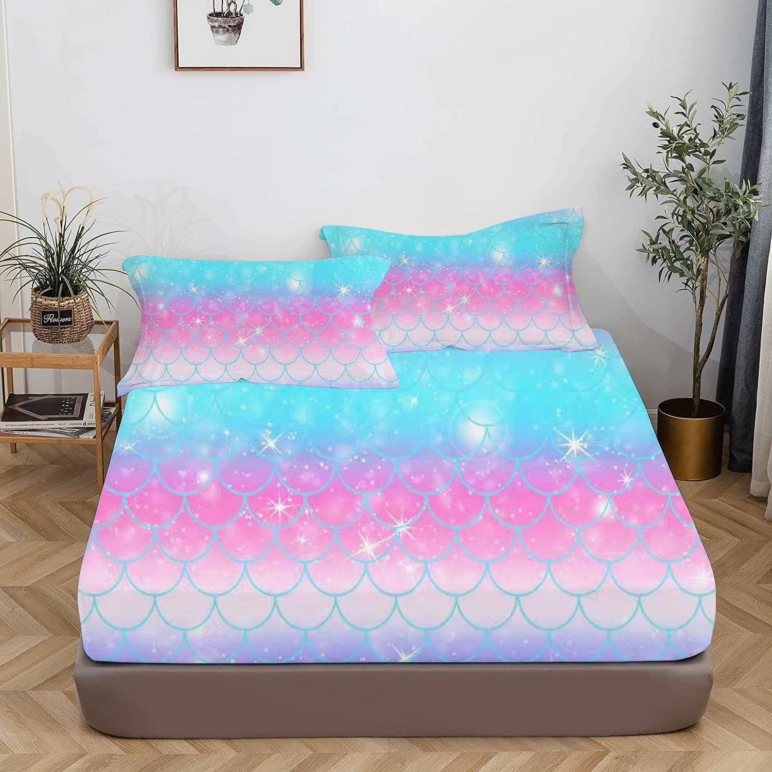 xiaoyu Mermaid Twin Sheets for Girls 3D Rainbow Scales Bed Sheets Kids
