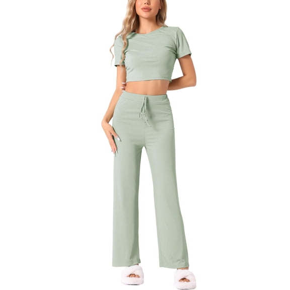 DARING DIVA Women's Short Sleeve Crop Top and Pants Pajama Set XS Green