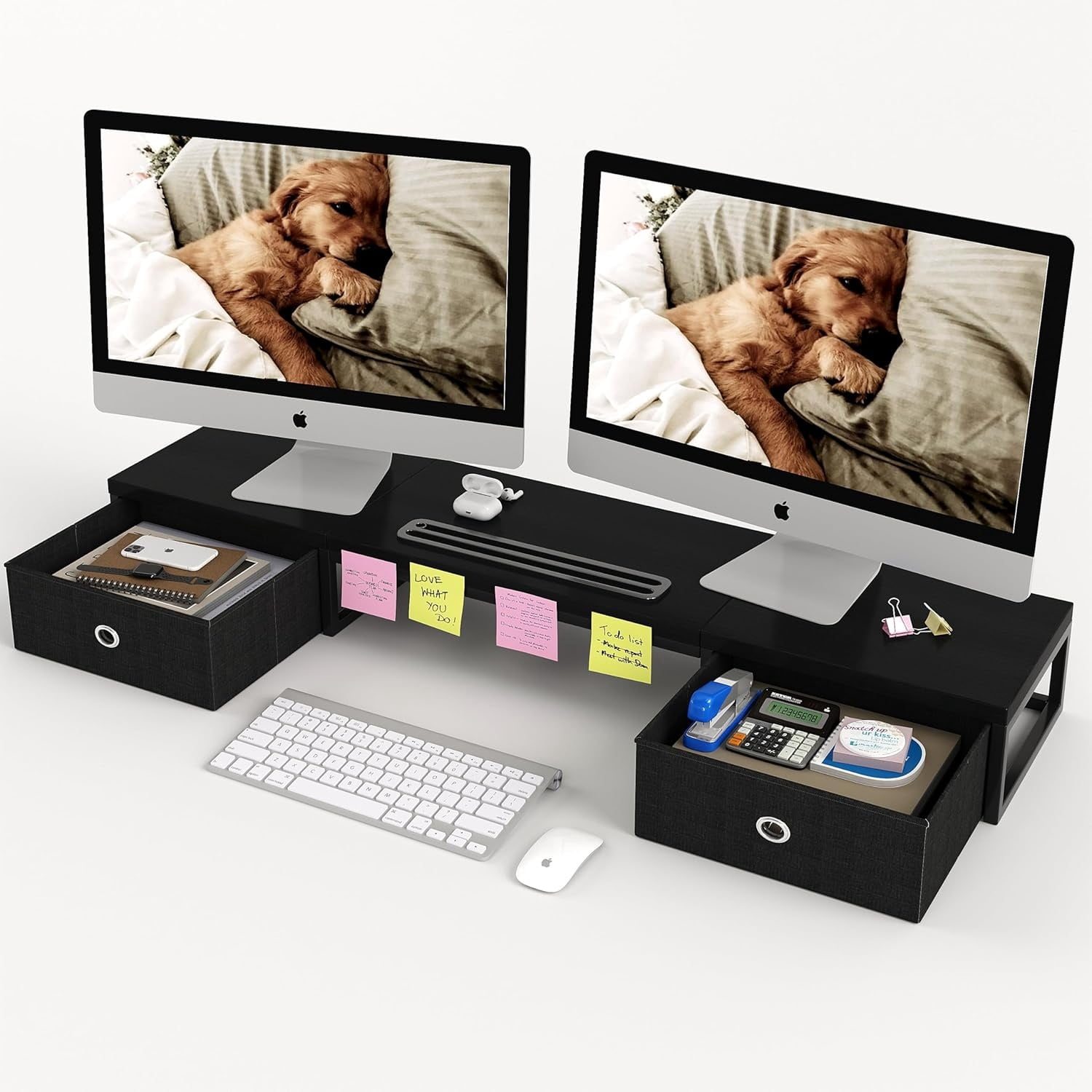Dual Monitor Stand Riser with 2 Drawers - 39Inch Large Storage Computer Monitor Stands for 2 Monitors, Wooden Desktop Organizer Perfect for Home Office Desk, Computer