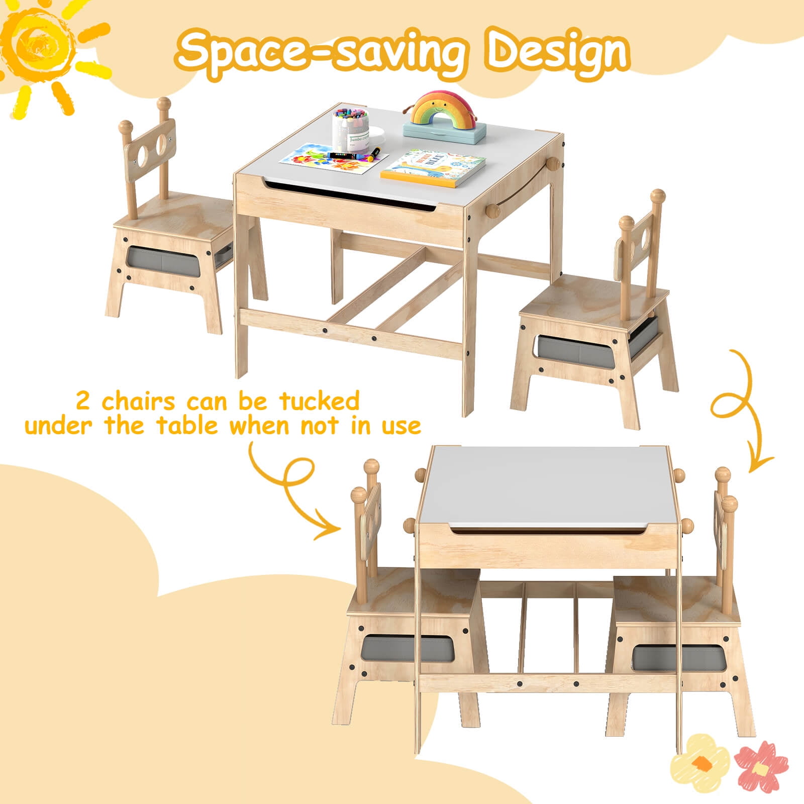 Costway Kids Table and Chairs Set 4 in 1 Children Activity Table with Reversible Whiteboard Gray+Natural