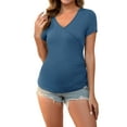 thumbnail image 2 of INSPIRE CHIC Blusa Maternidad para Mujeres con Fruncidos, Cuello en V Cruzado, Manga Corta, Estilo Faux Wrap, Talla Mediana, Negro y Azul, 2 of 6