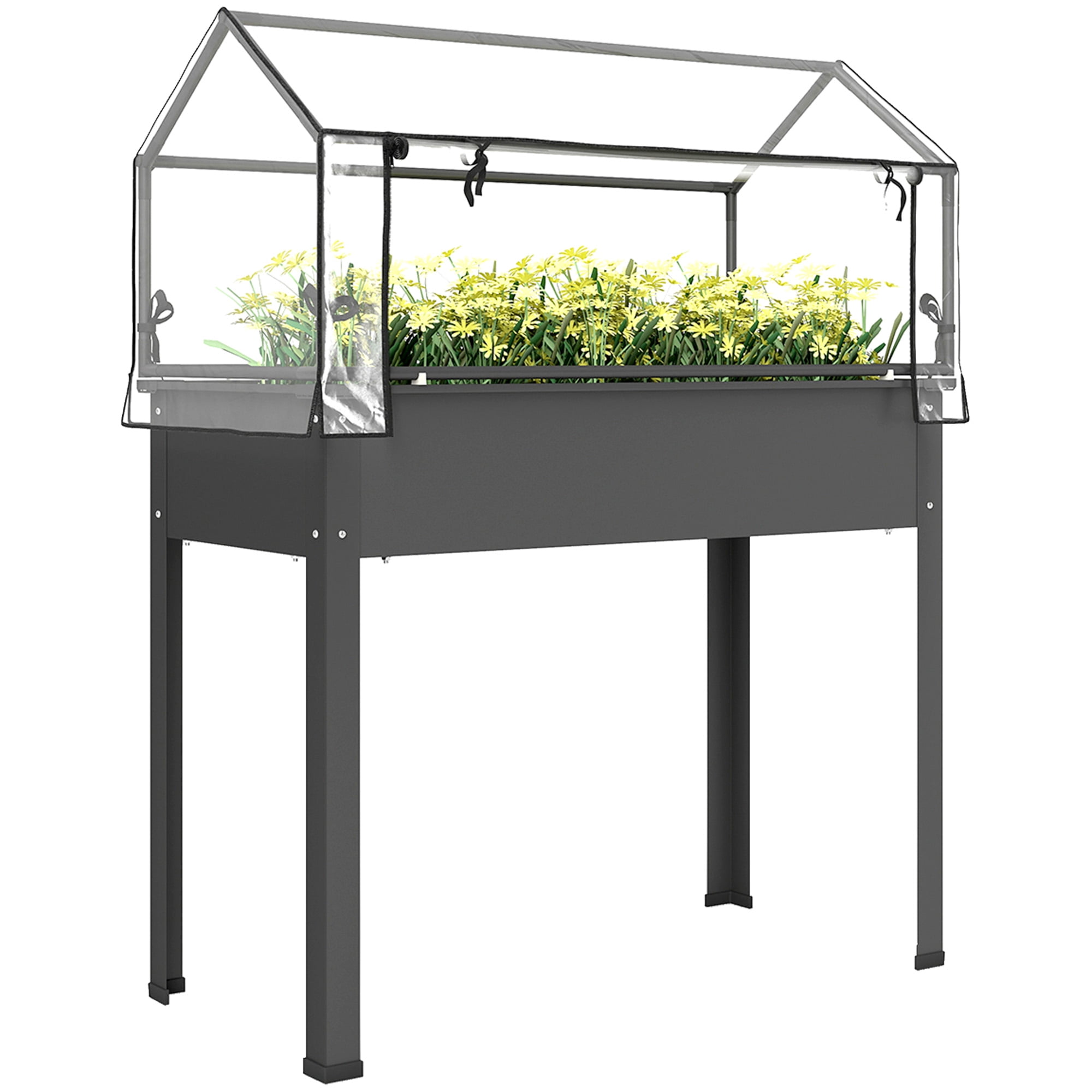 Outsunny Raised Garden Bed with Greenhouse Cover, Elevated Garden Box with Legs and Drainage Hole for Vegetables, Dark Gray