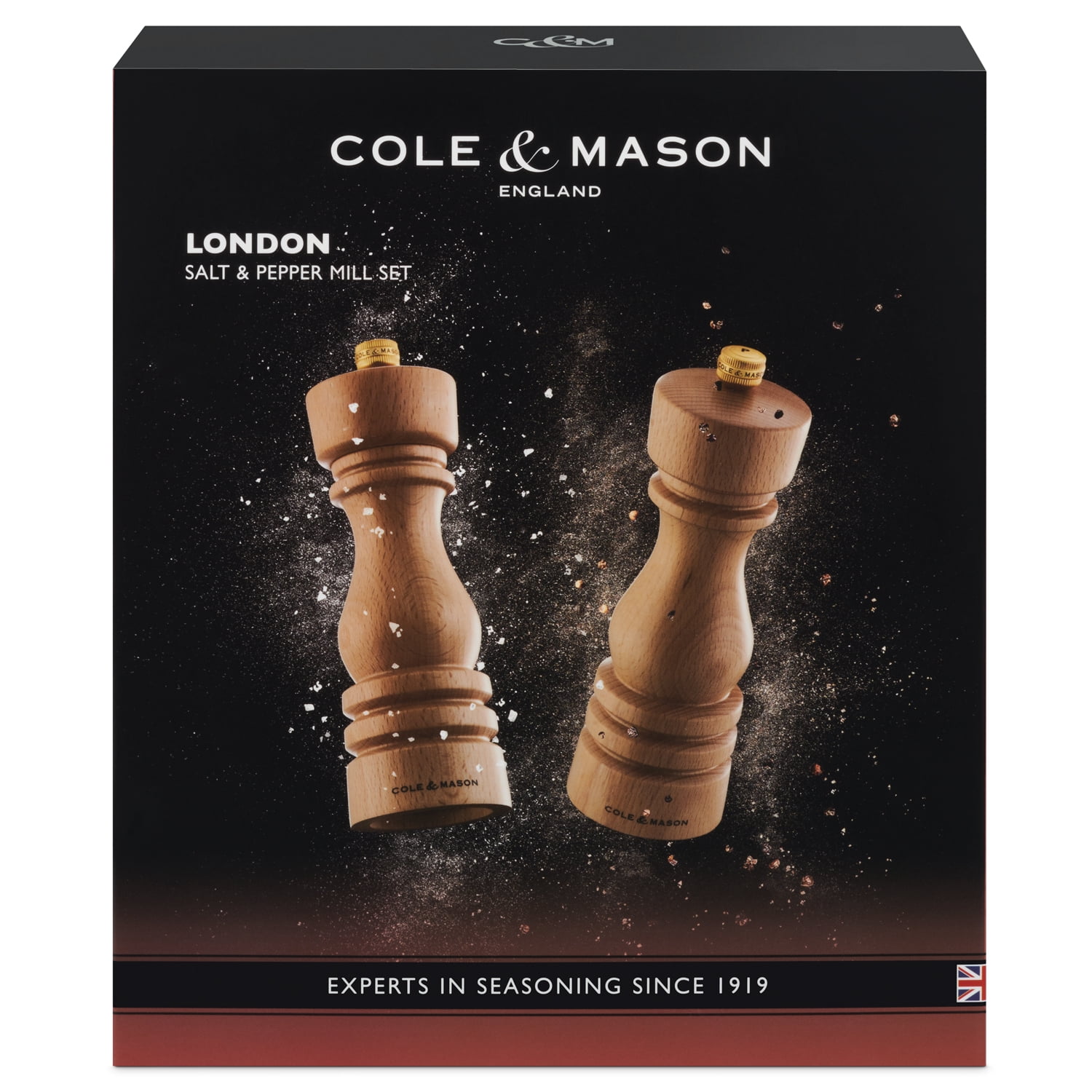 Cole & Mason London Natural Beech Salt and Pepper Mill Set, 180mm, Precision+ Carbon/Ceramic Mechanisms, Salt and Pepper Grinders with Adjustable Grind, Beech Wood, Gift Set