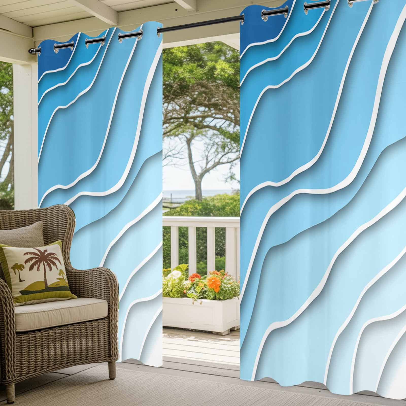 Outdoor Curtains for Patio Waterproof, Blue Aqua Ombre Windproof Pravicy Outside Porch Blackout Curtain, Modern Geometric Abstract Aesthetic Cream Sun Blocking Grommets Curtains for Cabana 54"x108"