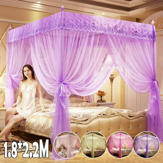 4 Corners Post Pink Canopy Bed Curtain for Girls & Adults - Cute Cozy Drape Square Netting for Twin Bed - 4 Opening Mosquito Net - Princess Bedroom Decoration
