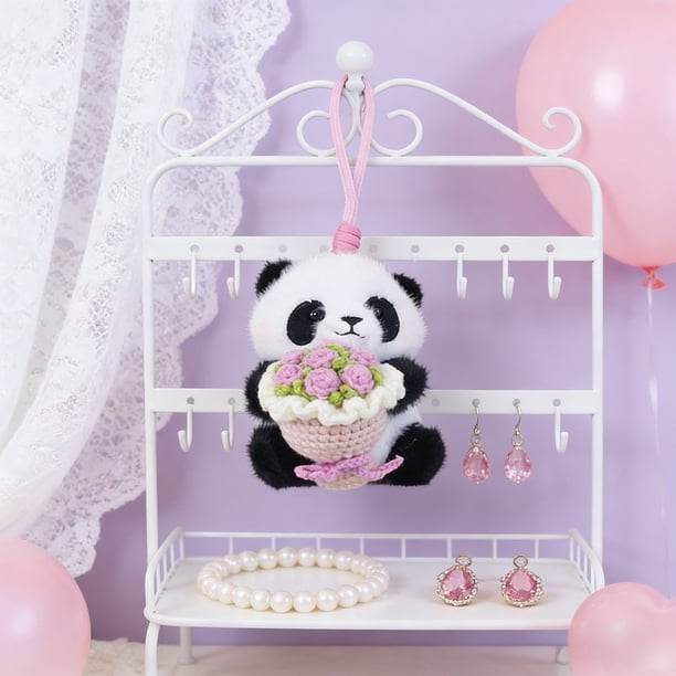 Pink Panda Plush Doll Holding Crochet Rose Bouquet Cute Stuffed