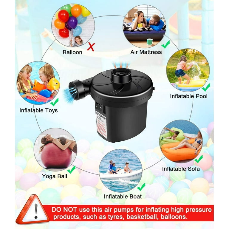 Electric Air Pump, 110V AC/12V DC Portable Air Mattress Two-Way Universal  Inflator Pump for Inflatables Pool, Airbeds, etc with 3 Nozzles and 1