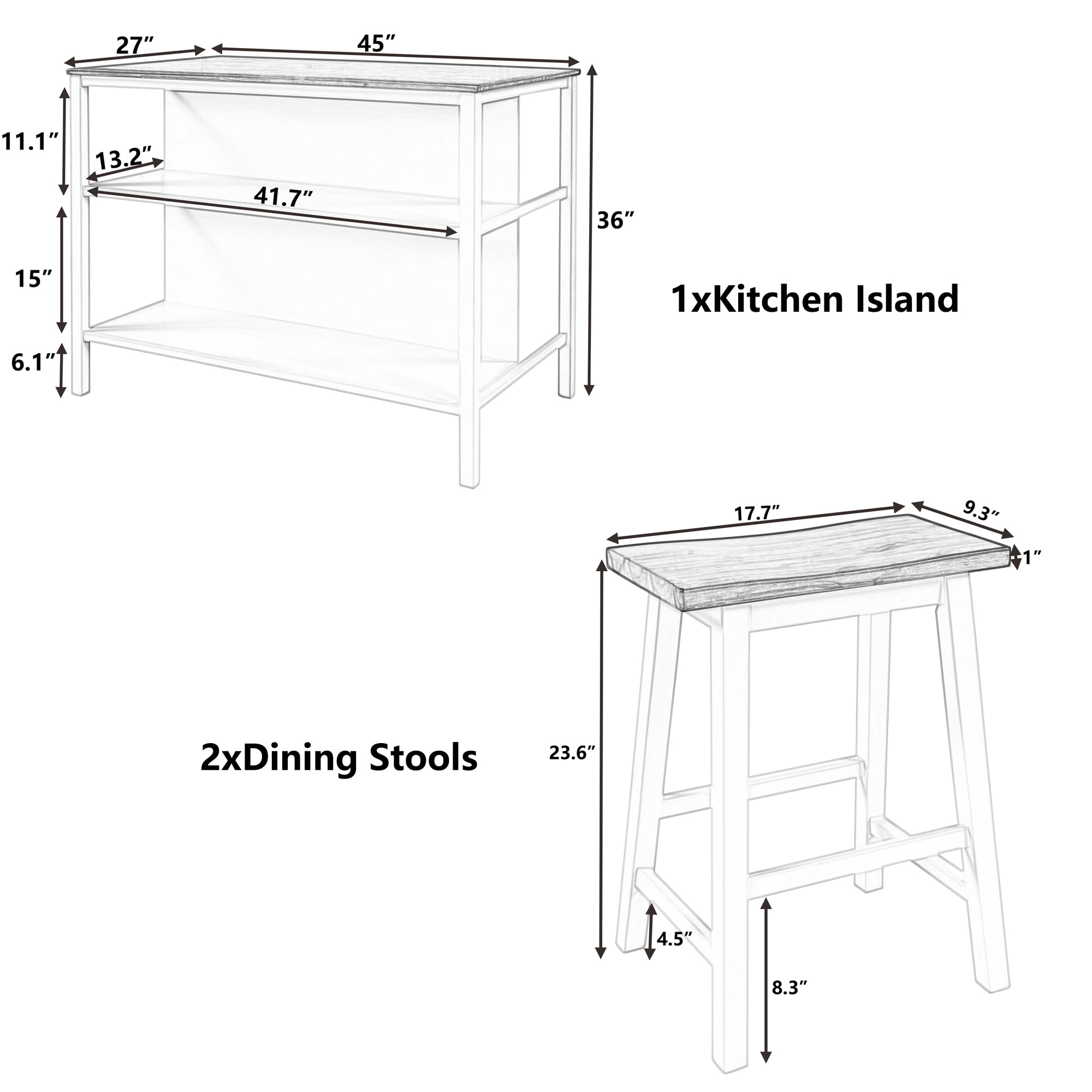 Harper & Bright Designs 3 Piece Kitchen Island Set with 2 Stools, Solid Wood Rustic Butcher Block Dining Table Set Prep Table Set with Shelves for Small Places, Walnut+White
