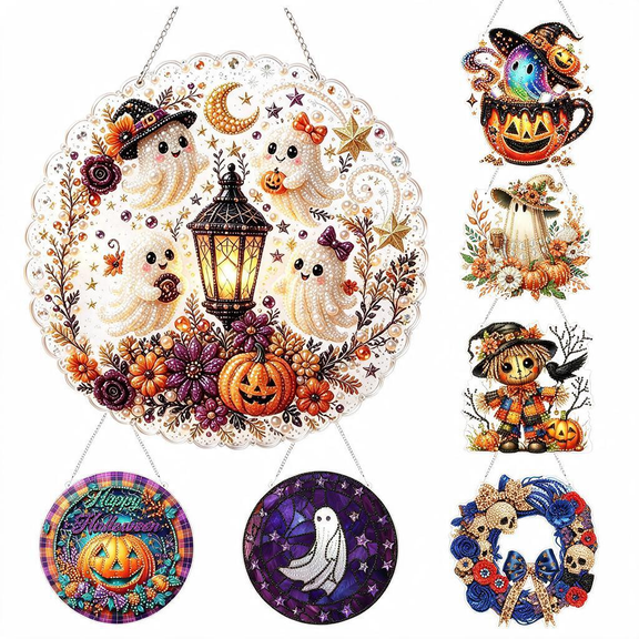 Kdkad Halloween Diamond Art, Acrylic DIY Diamonds Painting Kits for Halloween Decorations, Special Pearl Painting Halloween Sign for Front Door Hanger Fireplace Wall Decor, Ideal Halloween Gifts