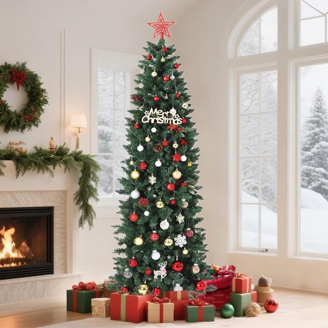 Artificial Pencil Christmas Tree, Pre-Lit, Easy Assembly, Slim Tall Tree for Home, Office, Party, and Mall Decor – Realistic Branch Tips & Sturdy Metal Stand