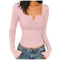 thumbnail image 2 of YanHoo Women's Long Sleeve Shirts Spring 2026 Casual Basic Going Out Crop Tops Button V-Neck Lace Blouse Slim Fit Tight Y2K Clothes Pink,XXL, 2 of 8