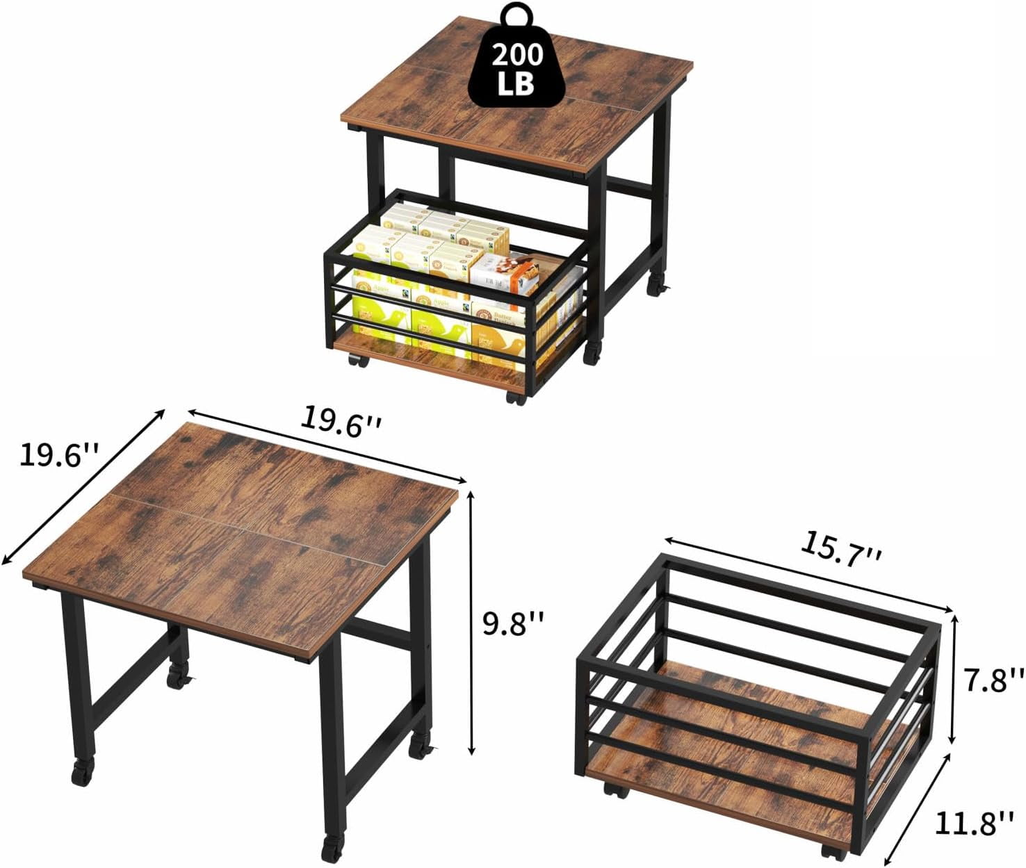 Mini Fridge Stand with Pull-Out Basket, 19.7" x 19.7" Large Tabletop Heavy Duty Stand with Adjustable Feet & Wheels, for Kitchen, Dorm, Office, Rustic Brown and Black