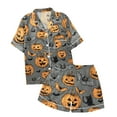 thumbnail image 3 of Halloween Pajamas Kids Pumpkin Ghost Bat Print Satin Pjs Short Sleeve Button-Down Shirts Shorts Set Kids 6-7 Years Boy Pajamas, 3 of 4