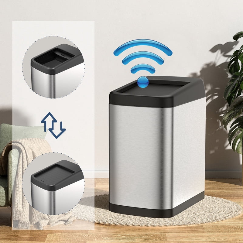 AUKTOPT 13 Gallon Motion Sensor Trash Can, Stainless Steel Automatic Garbage Bin with Sliding Row Up Lid, Touchless Hands-Free Soft-Close, Silver