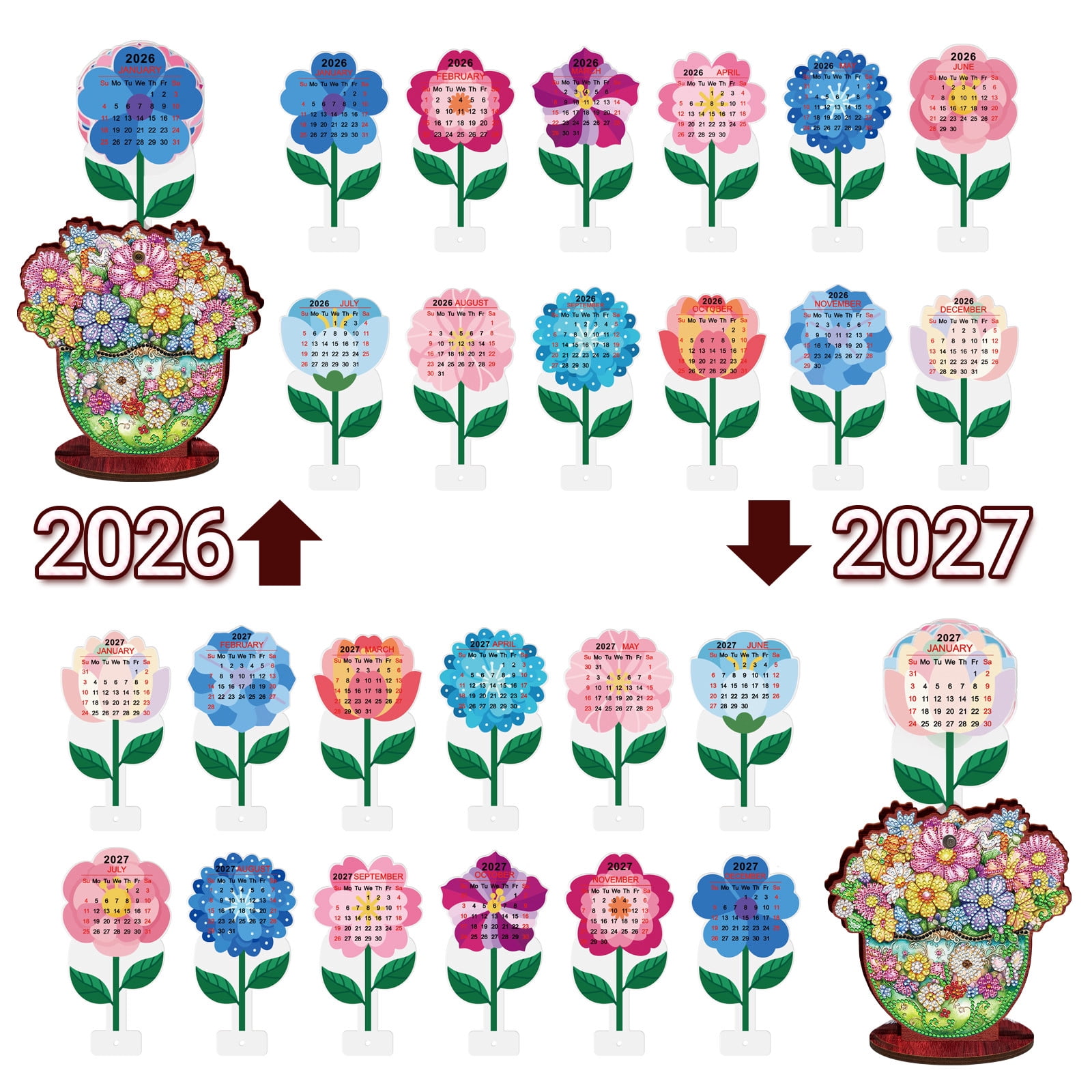 FLOPESN 2026-2027 Wooden Desktop Calendar DIY Diamond Art Painting Kits,Creative Design PVC Insert Home Decor Ornament-Bouquet