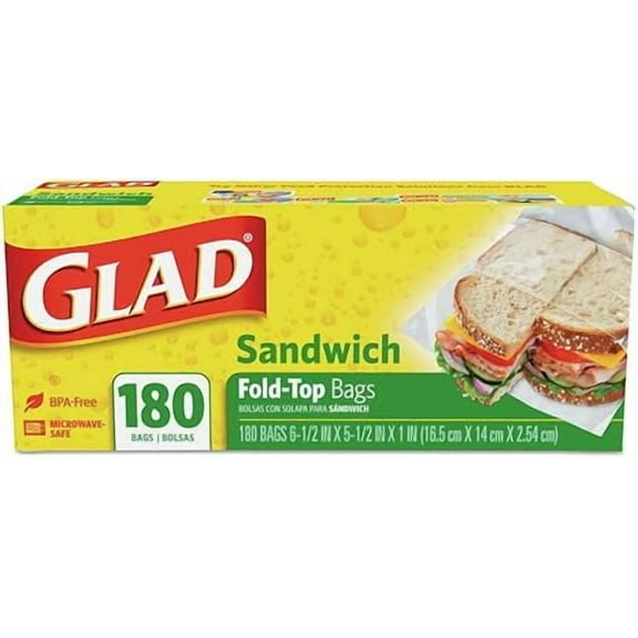 Glad 60771 Fold-Top Sandwich Bags, 6 1/2 x 5 1/2, Clear, 180 per Box, 12 Pack
