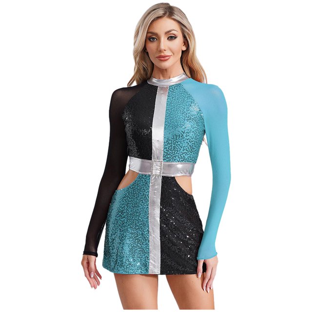 Jhaoyu Robe Déguisement des Années 60 pour Femmes, Mini Robe à Sequins Scintillants, Tenues de Spectacle, Bleu L