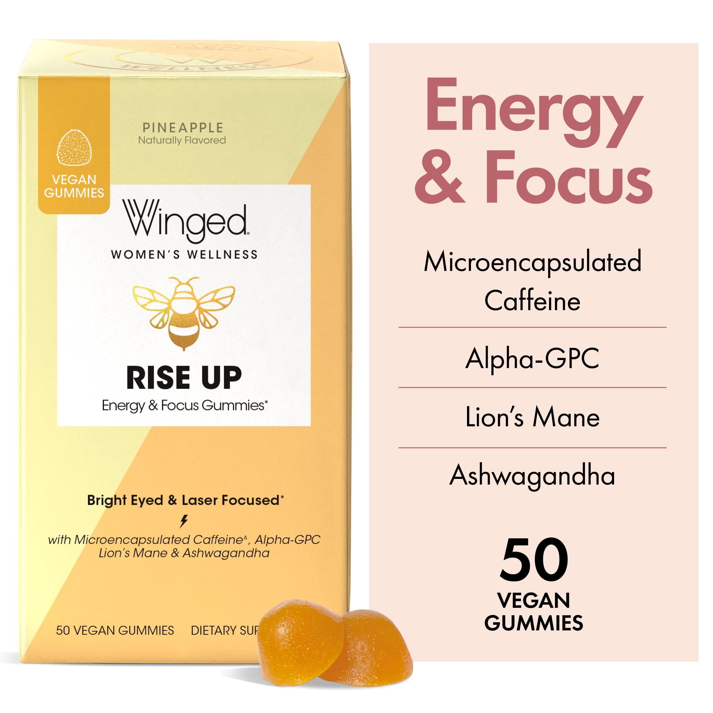 Winged Wellness Rise up Energy & Focus Gummies, Women's Supplement, 50 Gummies
