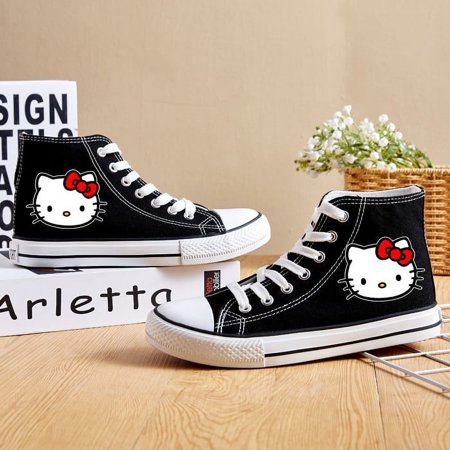 2024 Anime Sanrio Kuromi Cute Cartoon Cat Pattern Printed Canvas Shoes for Teenage Students Girls Fashion Flat Shoes Comfortable Lightweight School Style