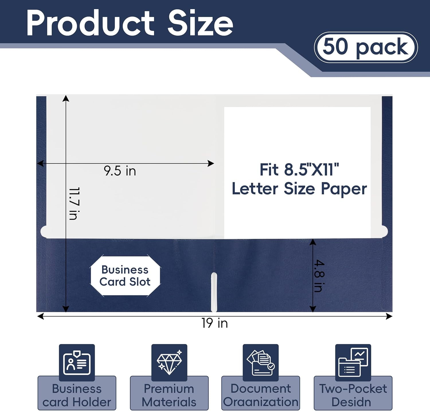 50 Pack Navy Blue Folders with Pockets,2 Pocket File Folders for Letter Size (8.5 x 11 Inch),Professional Design with Business Card Slot for Office and School Organization