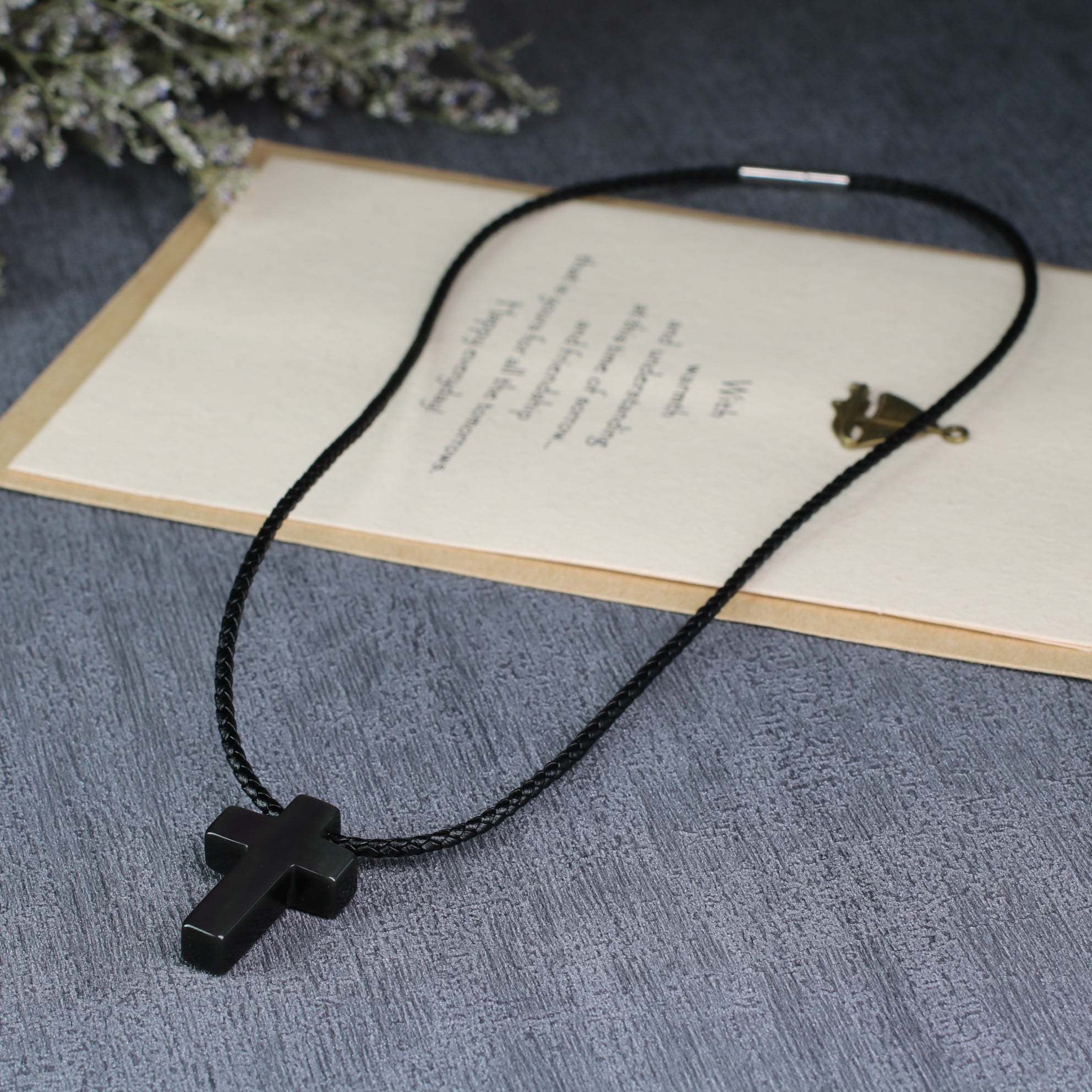 COAI Leather Cord Religious Jewelry Black Obsidian Stone Cross Pendant Necklace