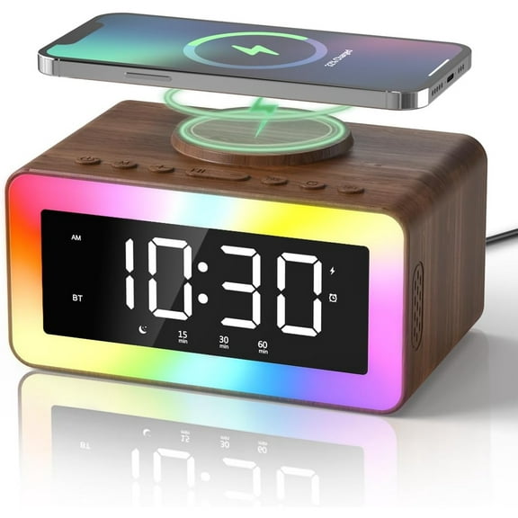 Alarm Clock with Wireless Charging, White/Brown Noise Sound Machine, Bluetooth Speaker Night Light, Wooden Digital Alarm Clocks for Bedrooms,Wireless Charger for iPhone, Birthday Gifts for Men Women