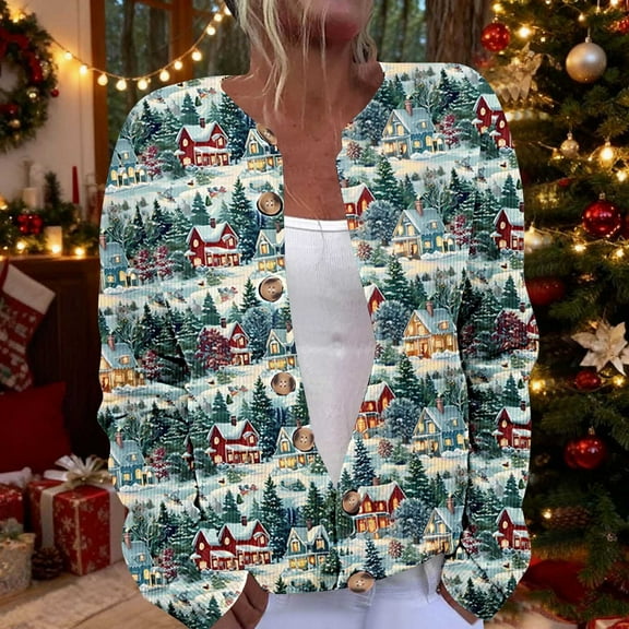 Coats for Women Merry Christmas Cardigan Long Sleeve Hollowed Out Print Casual Jacket,Womens Coats Plus Size Green XXXL