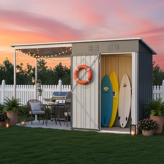 5x3 FT Outdoor Storage Shed & Gazebo Combo, Lean to Metal Tool Shed with Open Pergola for Backyard, Patio, Lawn (Gray)