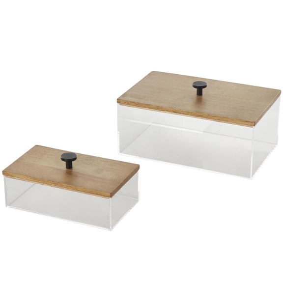 DecMode Clear Acrylic Plastic Decorative Box with Brown Wooden Lids and Black Knobs, 2 Count