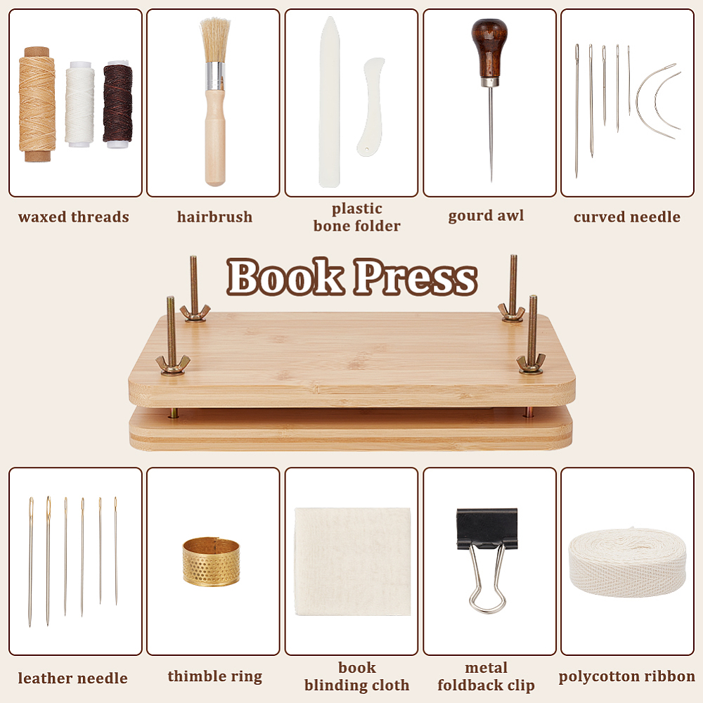1box DIY Bookbinding Kits Including Wooden Book & Bristles Carbon Steel Needle Cotton Cloth Fabric Polycotton Ribbon & Cord Scissors Clips Rulers Thimbles Leather Craft Tools Mixed color
