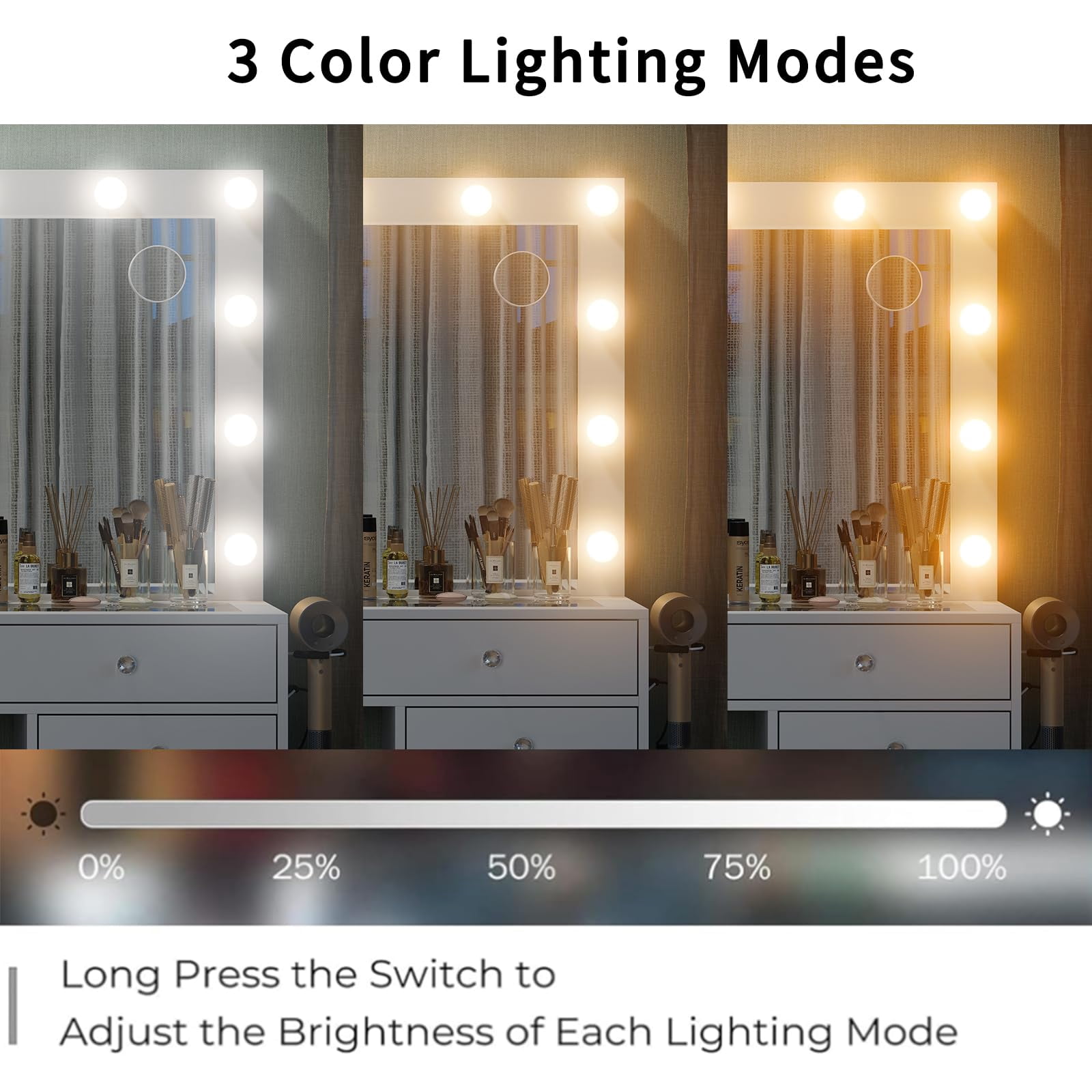 FUSOU 13 Drawers Vanity Desk, Makeup Vanity with Power Outlet, Vanity Table with Mirror and LED Bulbs, 3 Color Lighting Modes, Glass Top, Dressing Table for Bedroom