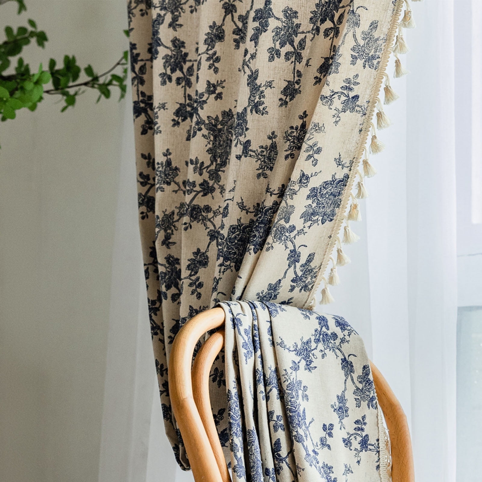 NixiYa Rose flower Curtains for Living Room Rod Pocket Farmhouse Linen Curtains Light Filtering 52" x 63",1 Panel,Beige