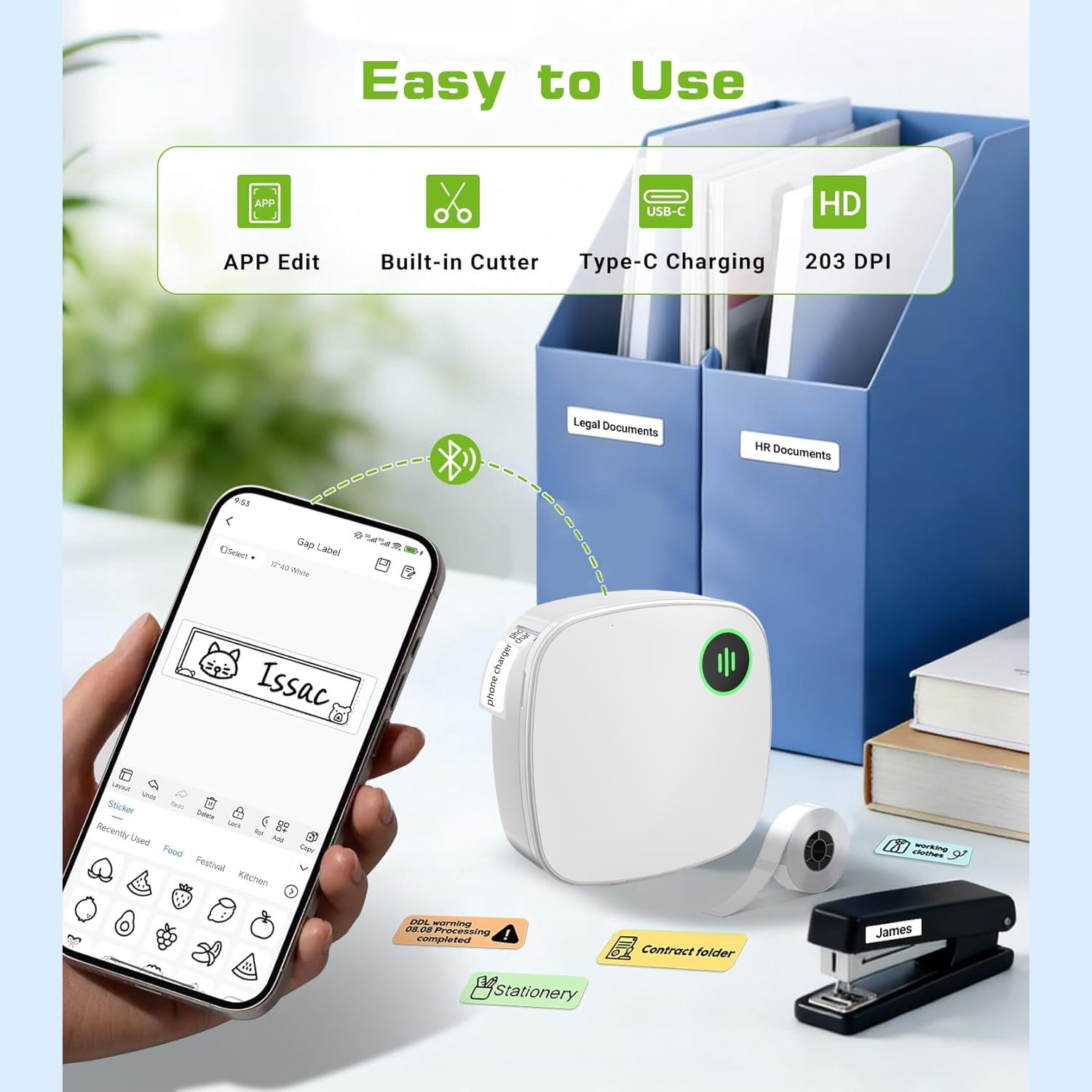 MHTMILESTONE Portable Bluetooth Label Maker with Magnetic Attachment, 1500mAh Wireless Inkless Thermal Printer for Home, Office & School Organization, Compatible with iOS/Android
