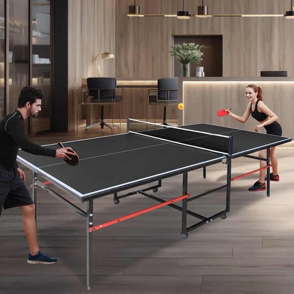 8ft Black Mid-Size Table Tennis Table Foldable Portable Ping Pong Table Set Indoor Game with Net 2 Paddles 3 Balls