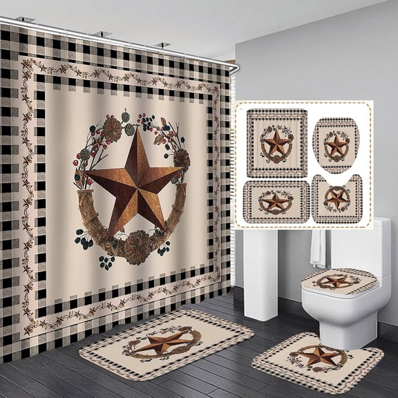 4PCS/Set Western Texas Star Shower Curtain set, Red Berry Vine Beige Black Check Plaid Vintage Country Farmhouse Primitive Bathroom Decor, Non-Slip Bath Rug Soft Toilet Mat, Berry Wreath