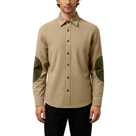 Corduroy Shirt Men Casual Long Sleeve Button Down Shirt Spring Lightweight Collared Jackets Elbow Patches Classic Work Shacket Overshirts with Pocket OIOLOYJM Khaki M