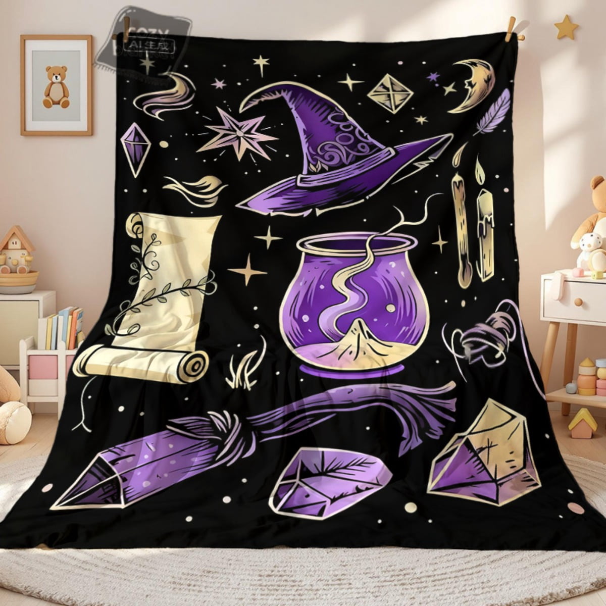 Halloween Witch Theme Blanket - Plush Fleece Purple & Black Magic Throw with Witches, Bats, Cauldrons & Design - Soft Cozy Bedspread for Couch, Bed, Parties - Lightweight Warm All-Season Decor (280gs