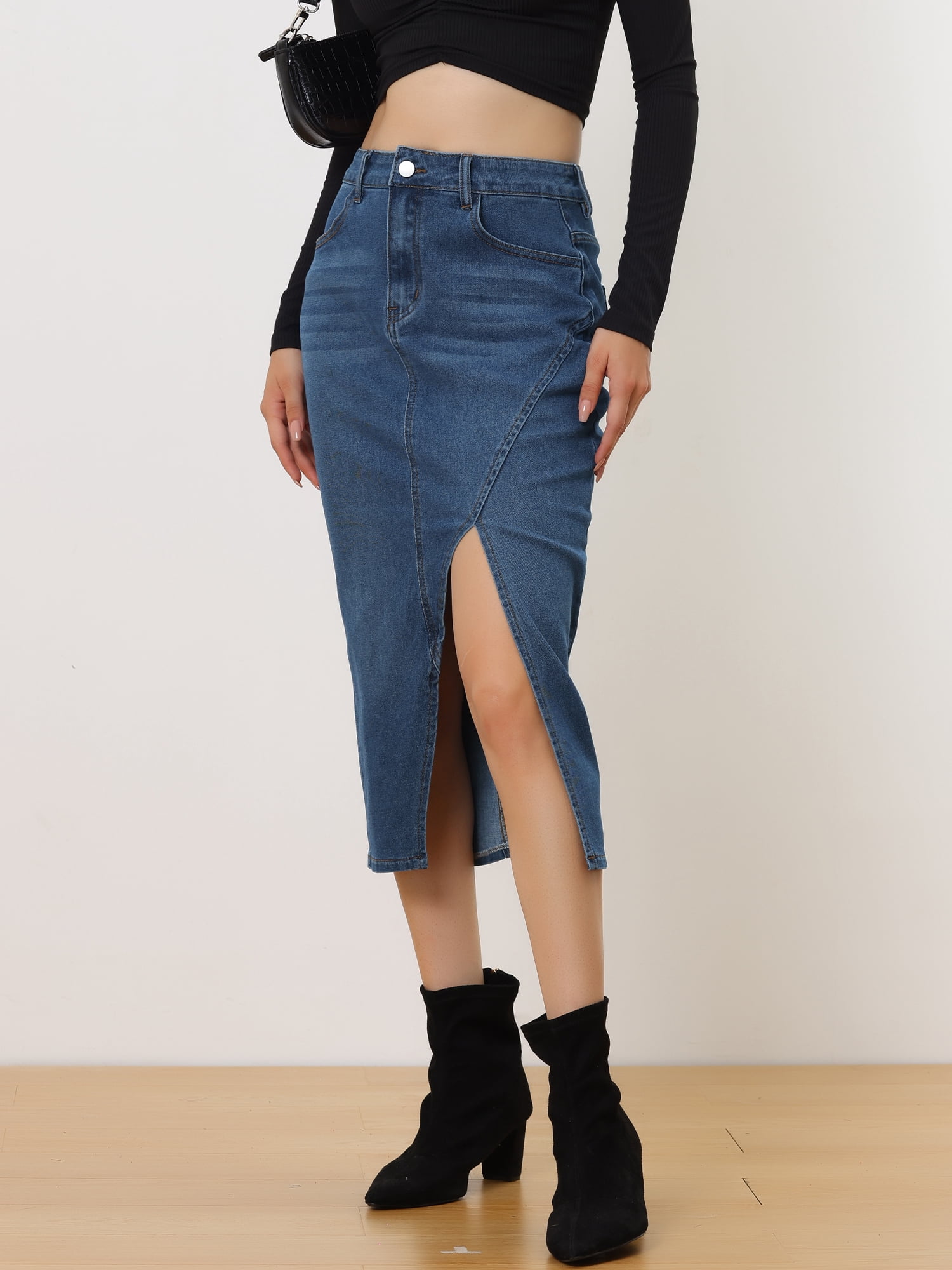 DARING DIVA Women's Denim Split Front Midi Jean Skirts M Blue