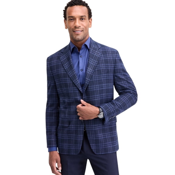 Michael Kors Men's Classic-Fit Stretch Sport Coat 44L Midnight Navy Blue Plaid