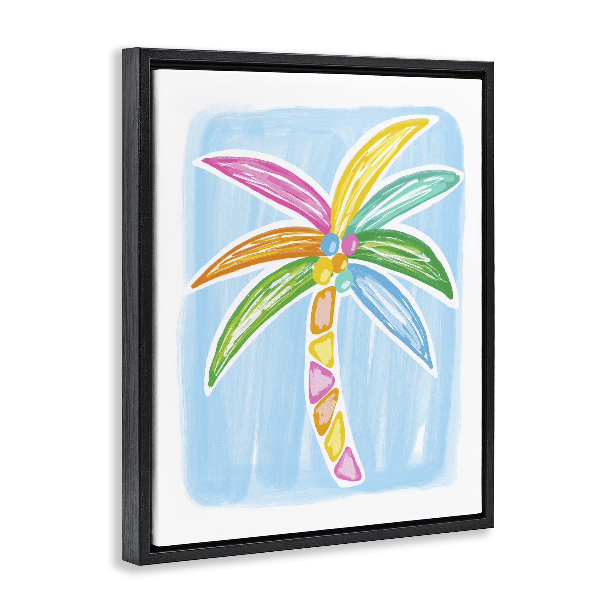 Stupell Industries Pastel Palm on Blue Botanical & Floral Painting Black Floater Framed Canvas Art Print Wall Art, 17 x 21
